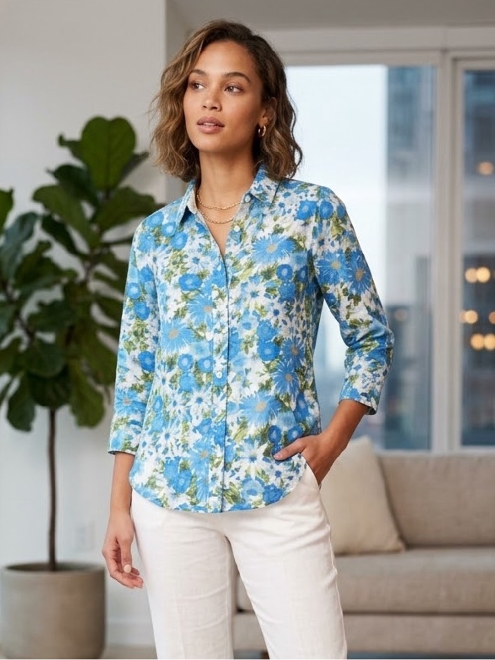 Anthropologie HD in Paris Blue & Green Floral Button Down Shirt 00